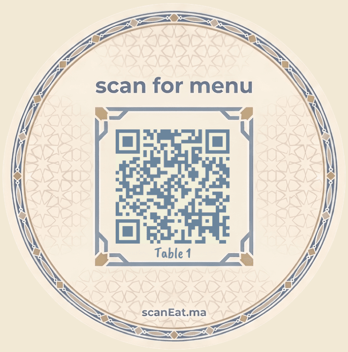 Sous-verre ScanEat aux motifs zellige : scan for menu, Table 1, scanEat.ma