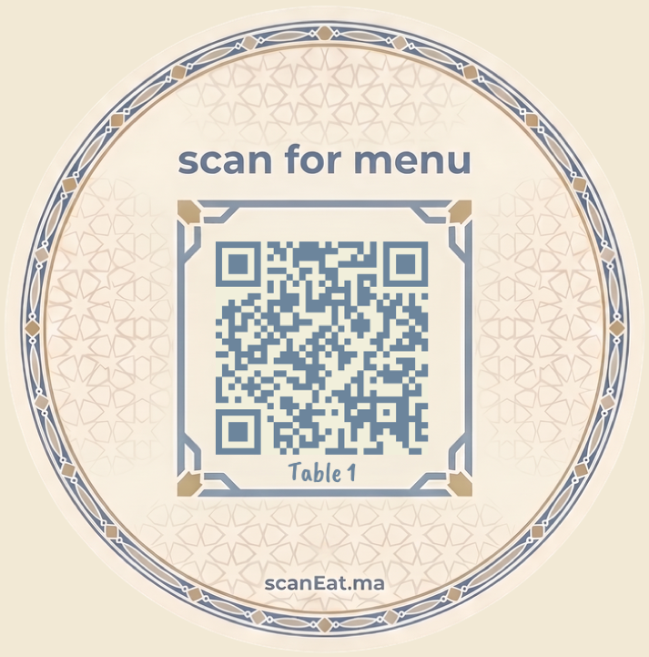 Sous-verre ScanEat aux motifs zellige : scan for menu, Table 1, scanEat.ma